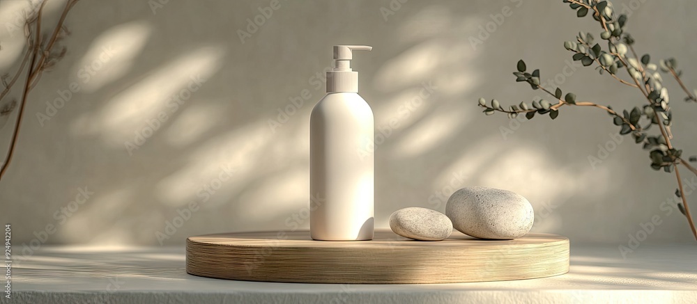 Poster white bottle with a dispenser for a cosmetic product placed on a wooden stand accompanied by natural