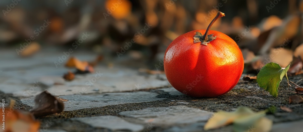 Poster a persimmon that has landed on the ground. with copy space image. place for adding text or design