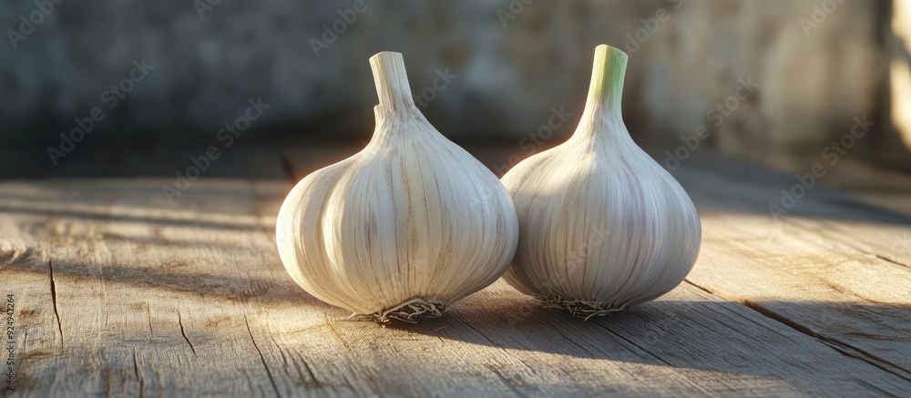 Poster Close up of two garlic bulbs on a wooden surface. with copy space image. Place for adding text or design