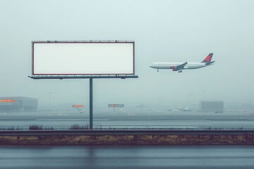 A Blank Billboard and an Airplane Landing in Foggy Conditions