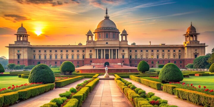 Majestic Rashtrapati Bhavan, the Indian Presidential Palace, shines in morning light, its stunning architecture and lush gardens a symbol of national pride in New Delhi.