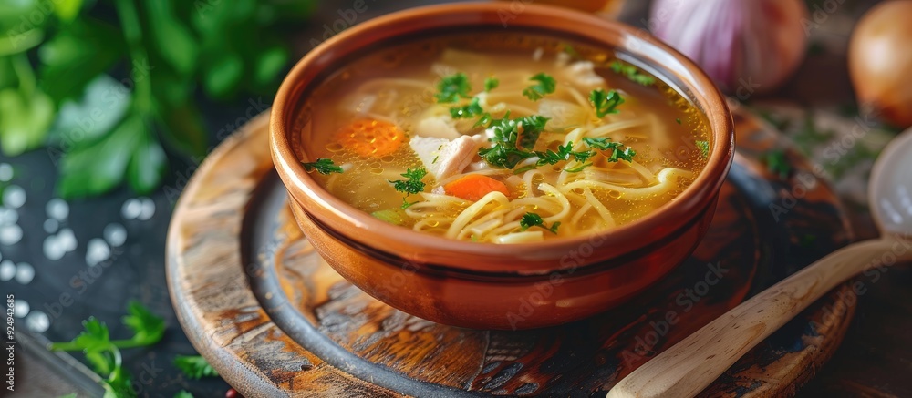 Aufkleber chicken broth containing homemade noodles chicken hearts and finely chopped green onions the soup is