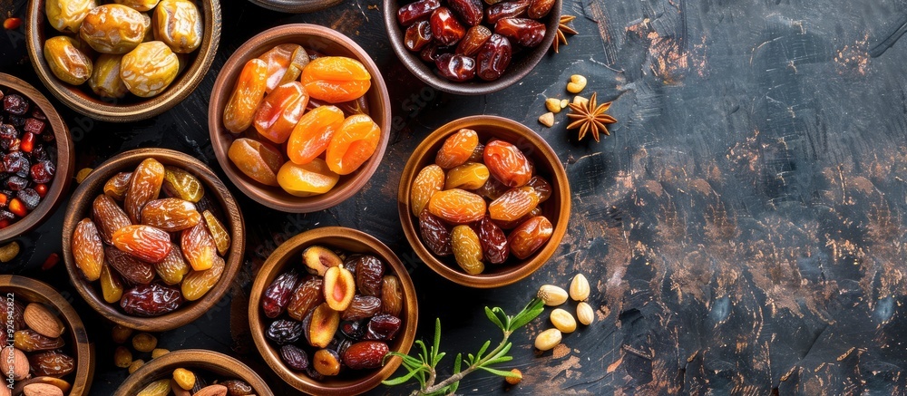 Poster bowls filled with dried dates on a light background. with copy space image. place for adding text or