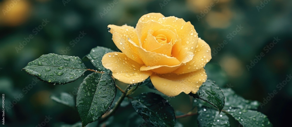 Leinwandbilder yellow rose with water droplets during spring rain. with copy space image. place for adding text or 