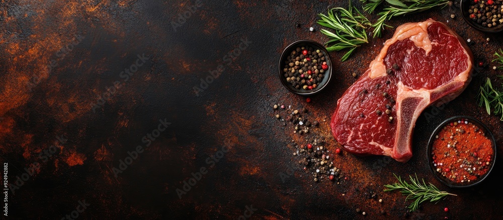 Aufkleber raw rib eye beef steak with spices and cooking ingredients on a dark rusty background with copy spac