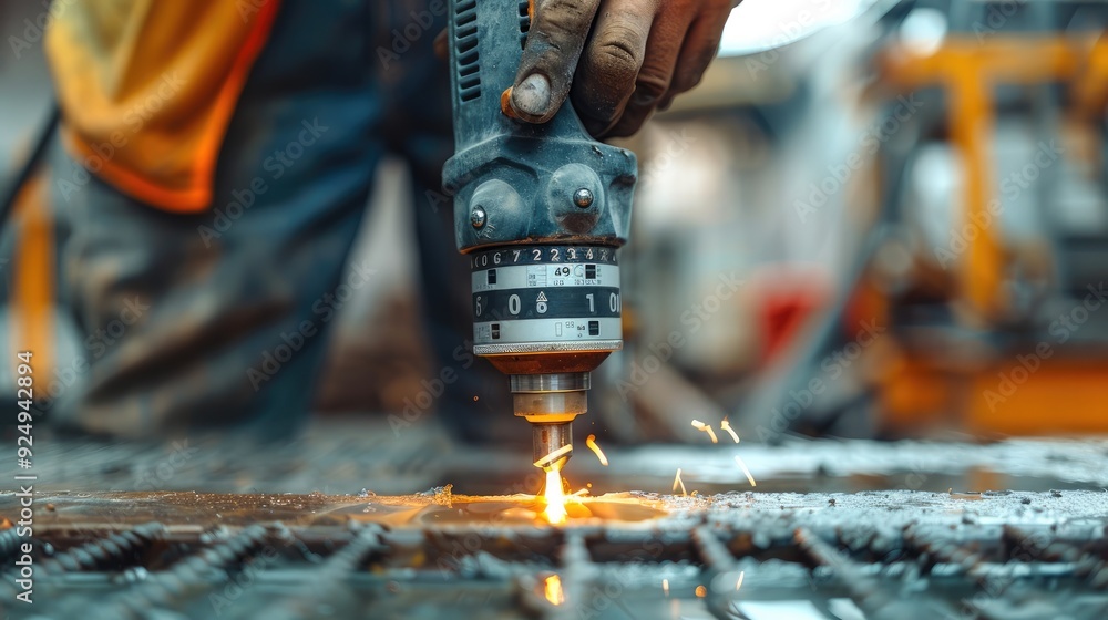 Poster a close-up shot of a construction worker hand expertly using a power drill. generative ai.