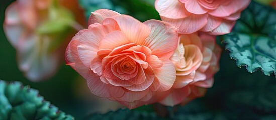 Obraz premium Small pink flower Begonia sparreana in a green garden This photo is ideal for nature backgrounds botanical posters and garden related media. with copy space image. Place for adding text or design
