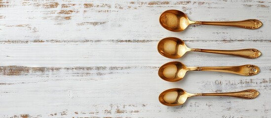 Vintage golden coffee spoons placed on a worn white wooden background Copy space for text