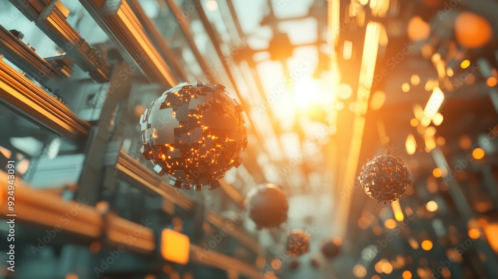 Poster dynamic spheres illuminated by golden light glide through an intricate, glowing corridor of metallic