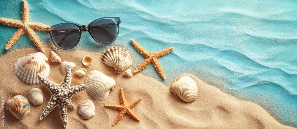 Poster summer backdrop featuring sea sand adorned with seashells starfish and sunglasses concept of summer 