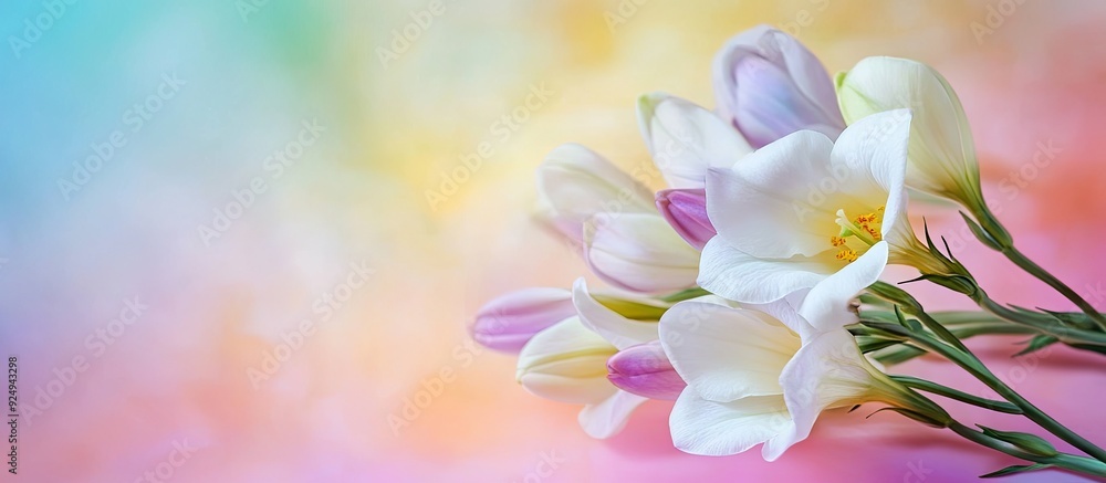 Leinwandbilder Beautiful freesia flowers on a colorful background. with copy space image. Place for adding text or design
