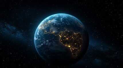 Obraz premium A stunning view of Earth from space, illuminated by city lights, showcasing the beauty of our planet at night.