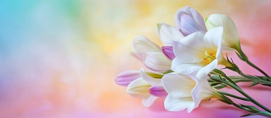 Fototapeta premium Beautiful freesia flowers on a colorful background. with copy space image. Place for adding text or design
