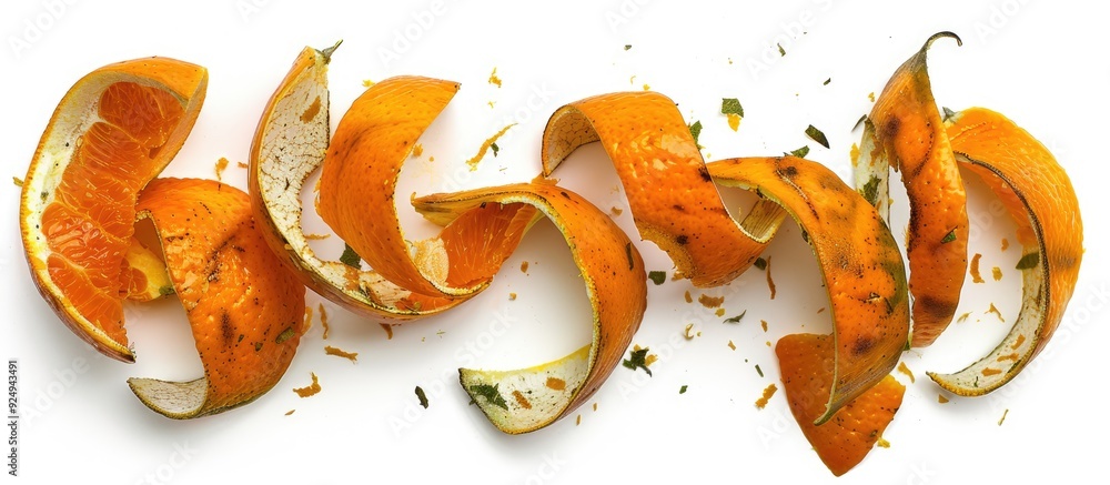 Poster Close up view of leftover orange peels with green spots on the skin isolated on a white background Copy space is available in the top left right and center areas of the frame