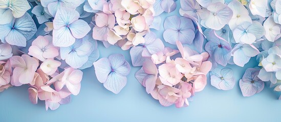 Creative image of pastel blue hydrangea flowers on an artistic ink background Top view with copyspace
