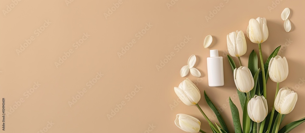 Aufkleber Drops with paper applicator inhaler and tulips set against a beige background Concept of seasonal allergies. with copy space image. Place for adding text or design