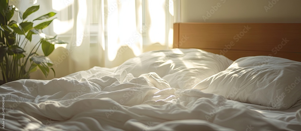 Poster Unmade bed White pillow with a blanket on it Represents relaxation after the morning Illuminated by window light Messy white blanket. with copy space image. Place for adding text or design