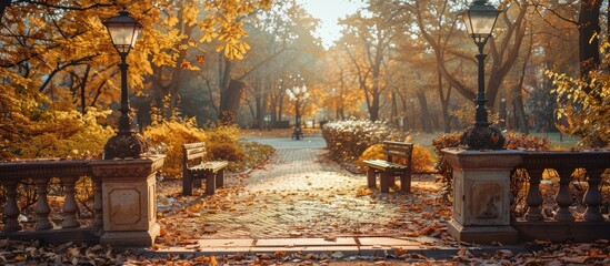 Autumn park scenery Ornamental lanterns on a weathered wooden structure Copy space