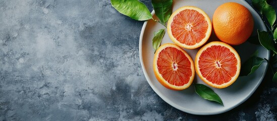 halves of fresh blood oranges with green leaves on a plate against a gray backdrop copy space top view