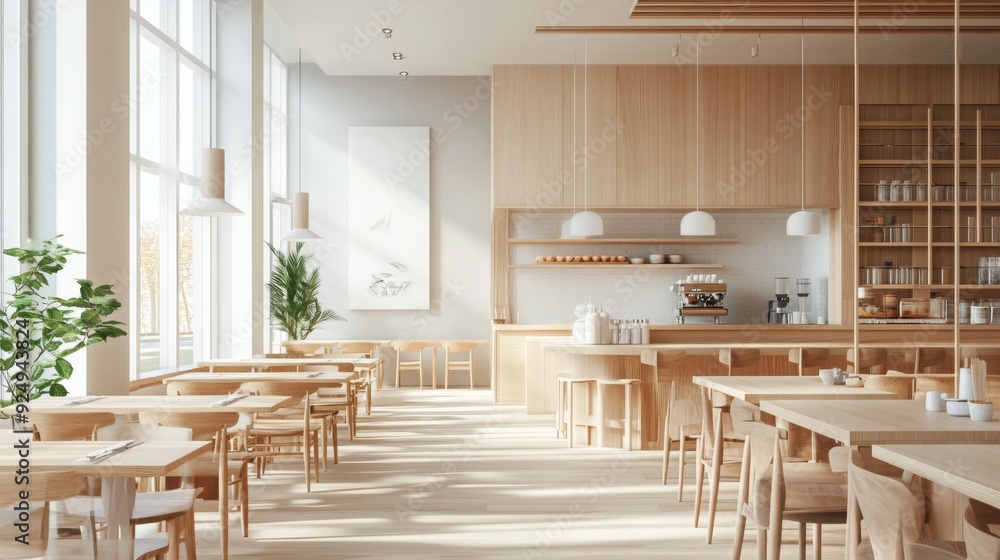 Poster a spacious coffee shop features wooden tables and chairs, large windows allowing sunlight, and a min