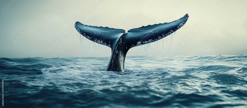 Poster Close up of a large whale s tail above the surface of the water. with copy space image. Place for adding text or design