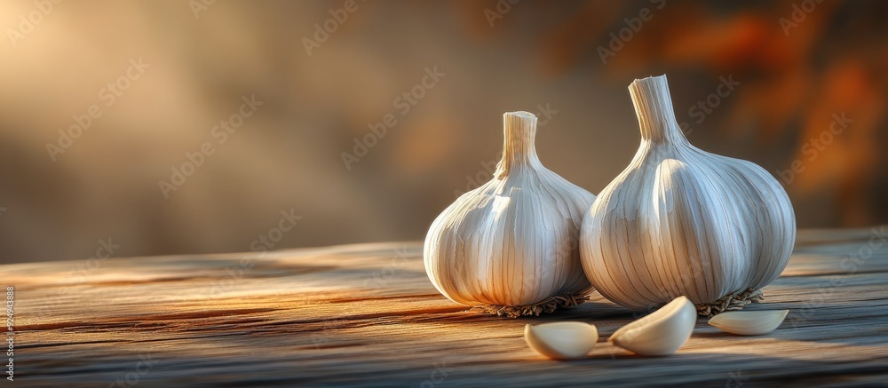 Fototapete close up of two garlic bulbs on a wooden surface. with copy space image. place for adding text or de