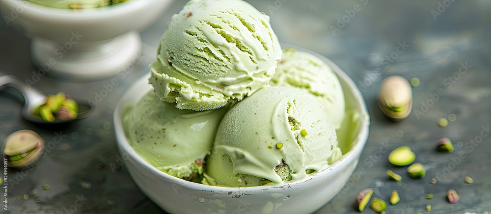 Poster A scoop of pistachio ice cream on a small marble slab. with copy space image. Place for adding text or design