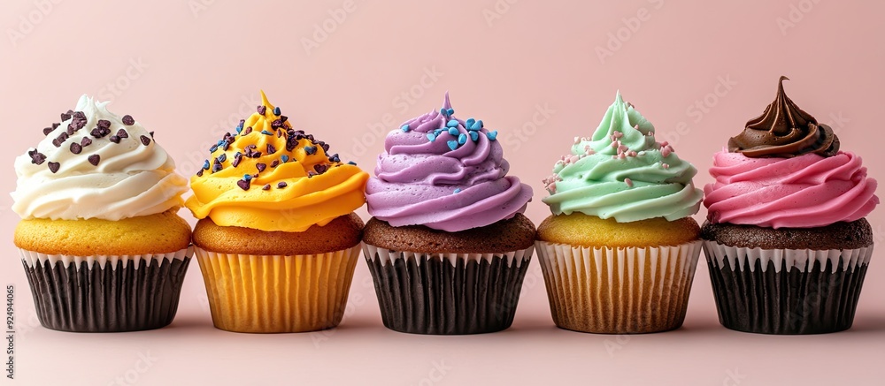 Fototapete Assorted cupcakes in various colors. with copy space image. Place for adding text or design