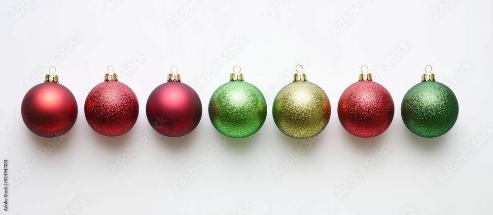 Poster arrangement of various red and green christmas tree ornaments on a white background flat lay minimal