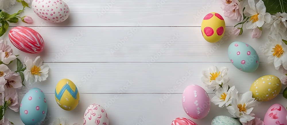 Poster close up of vibrant easter eggs surrounded by flowers on a white wooden table. with copy space image