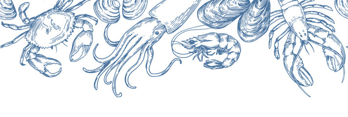 seamless border with sea animals, illustration in sketch style. lobster, crab, squid, sea shells