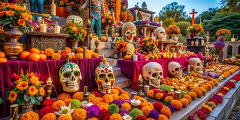 Fototapeta premium Vibrant colorful grave site in Mexico filled with human skulls and bones, meticulously arranged and cleaned as part of traditional Day of the Dead celebrations.