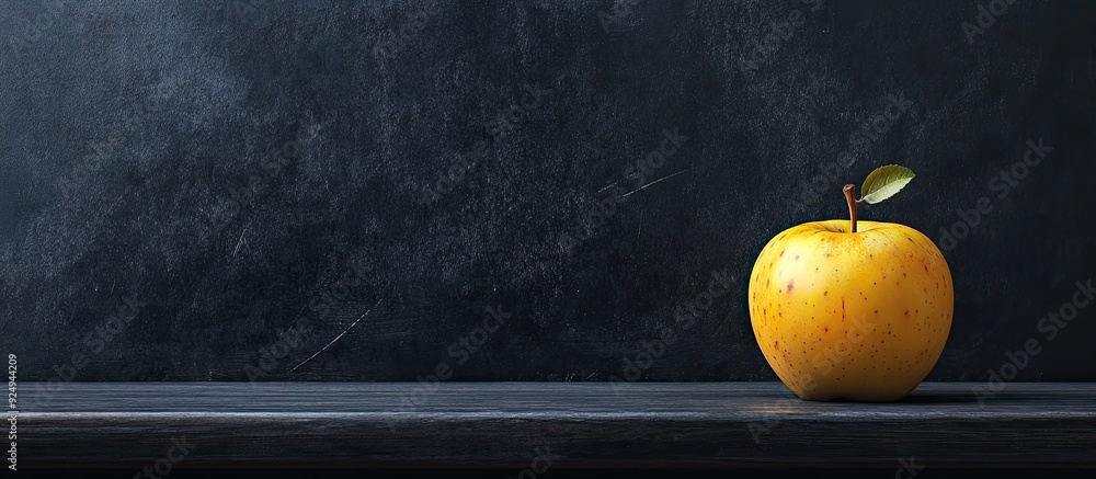 Poster corner of an empty school chalkboard with a yellow apple beside it. with copy space image. Place for adding text or design