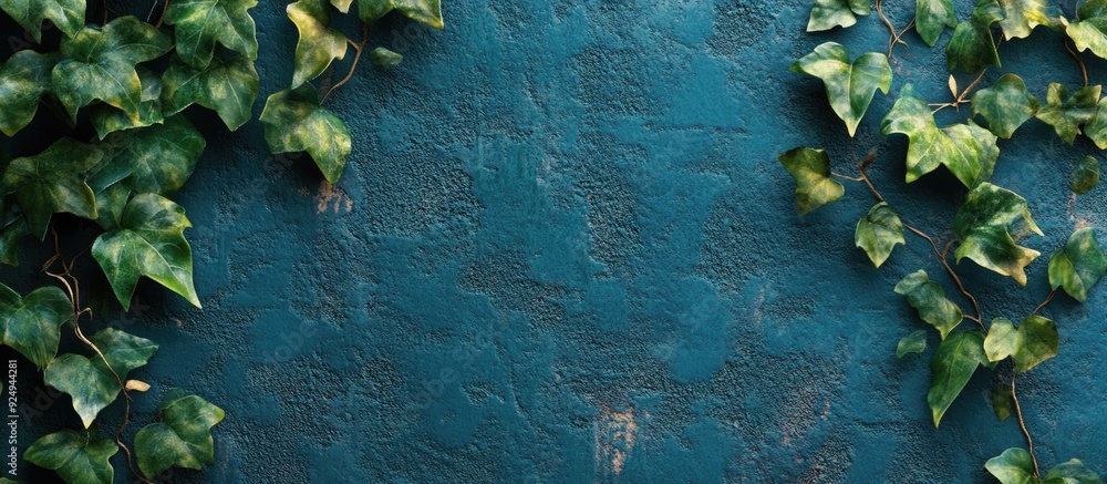 Poster green leaf vines on a textured blue wall. with copy space image. place for adding text or design