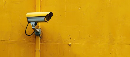 Contemporary CCTV security camera on a yellow wall Area for text. with copy space image. Place for adding text or design