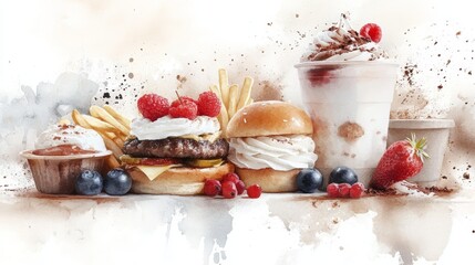 A tempting array of fast food including burgers, fries, and desserts with fresh berries and whipped cream, creating a delicious feast.