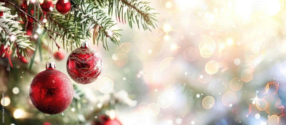 Poster Christmas ornament hanging from a tree branch with copy space on a white background