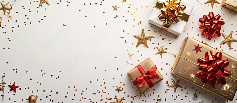 Poster Flat lay background for Christmas or parties featuring gift boxes golden bows and stars Flat lay top view. with copy space image. Place for adding text or design