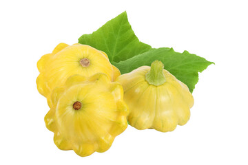 three yellow pattypan squash isolated on white background, full depth of field