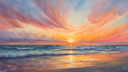 Fototapeta premium A beautiful sunset over the ocean with vibrant colors reflecting on the water and clouds