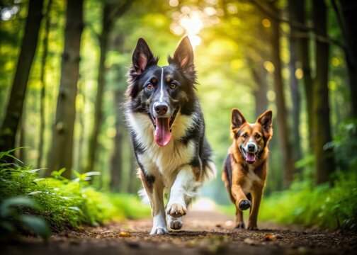 adventurous active outdoor scene energetic border collie sniffing german shepherd's behind action-packed fast-motion blur dynamic movement swift running motion vibrant green forest