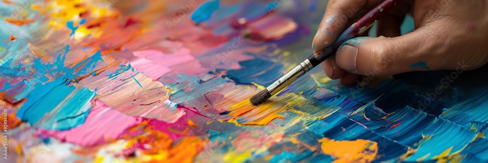 Poster detailed view of a brush applying colorful strokes to a canvas, highlighting the artistic process an