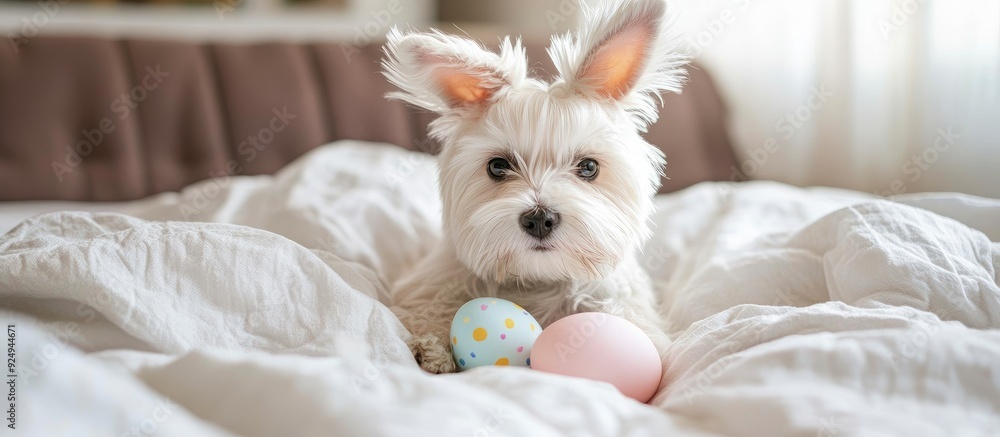 Aufkleber Cute Maltese puppy wearing Easter rabbit ears lies on a bed with a painted egg under a warm white blanket at home Empty space for text. with copy space image. Place for adding text or design