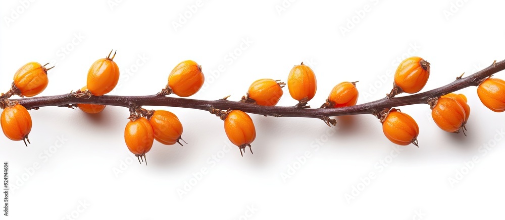 Fototapete sea buckthorn branch set against a white background. with copy space image. place for adding text or