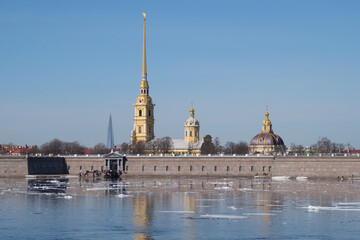 Peter and Paul Fortress and Peter and Paul Cathedral on a sunny April day. Historical center of St....