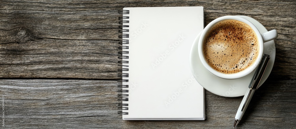 Aufkleber blank spiral notepads a cup of coffee and a pen on a wooden background. with copy space image. place