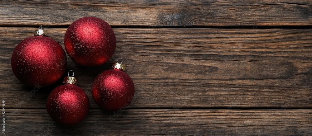 Poster Christmas ornaments on a wooden surface. with copy space image. Place for adding text or design