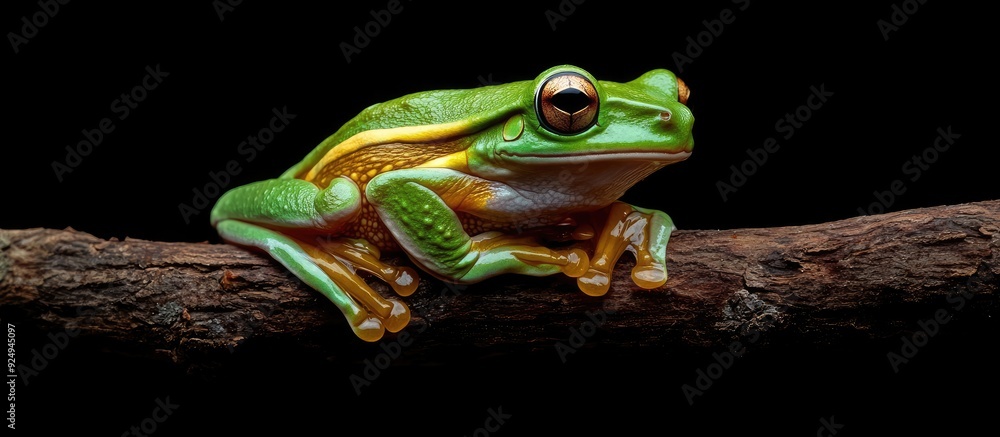 Poster A Dwarf green tree frog Litoria bicolor perched on a branch. with copy space image. Place for adding text or design
