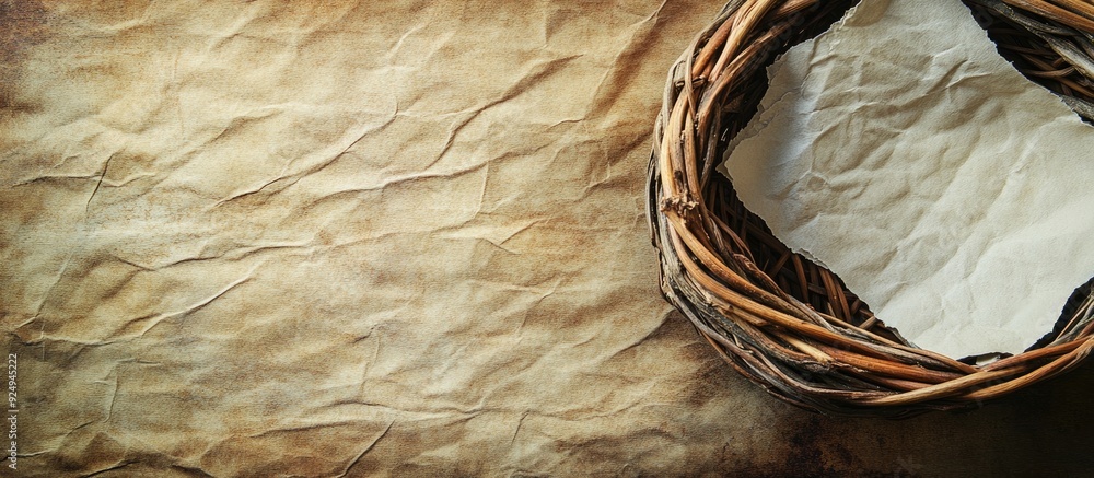 Poster textured vintage paper background with birch bark basket. with copy space image. Place for adding text or design