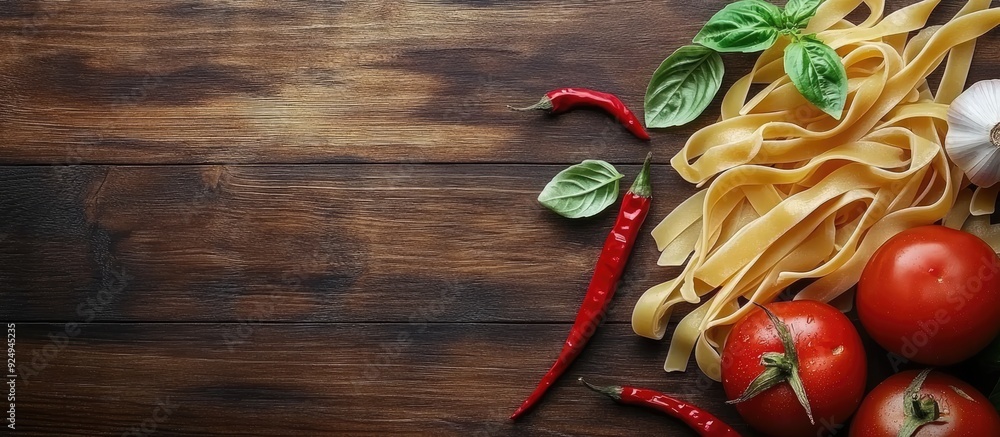 Poster fresh tomato uncooked pasta basil red chili garlic onion sweet green pepper on a brown wooden surfac